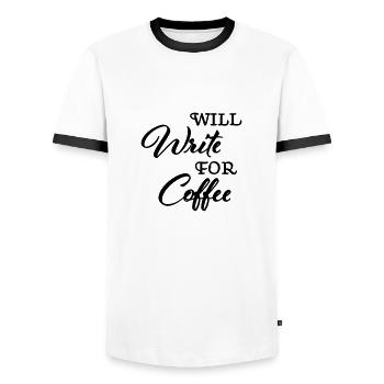 Will write for coffee - Men's Ringer Shirt - white/black - Front - AI Model Female 172 light (172cm) & AI Model Male 178 dark (178cm)