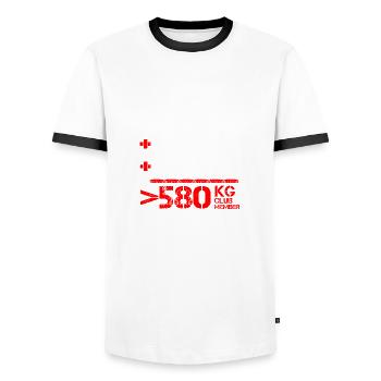 Powerlifting 580 kg Club Member - Men's Ringer Shirt - white/black - Front - AI Model Female 172 light (172cm) & AI Model Male 178 dark (178cm)