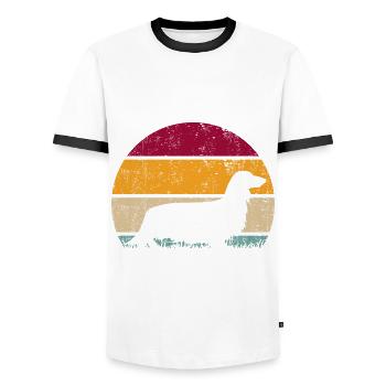 German Long-haired Dachshund Longhair Dachshund Retro - Men's Ringer Shirt - white/black - Front - AI Model Female 172 light (172cm) & AI Model Male 178 dark (178cm)