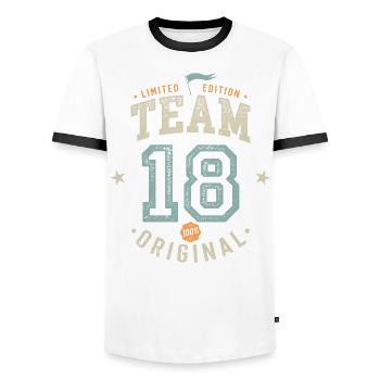 Team 18 - 100% Original / Limited Edition - Männer Kontrast-T-Shirt - Weiß/Schwarz - Vorne - AI Model Female 172 light (172cm) & AI Model Male 178 dark (178cm)