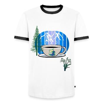 80er 90er Gebirge Kaffee Tasse Österreich Tirol - Männer Kontrast-T-Shirt - Weiß/Schwarz - Vorne - AI Model Female 172 light (172cm) & AI Model Male 178 dark (178cm)