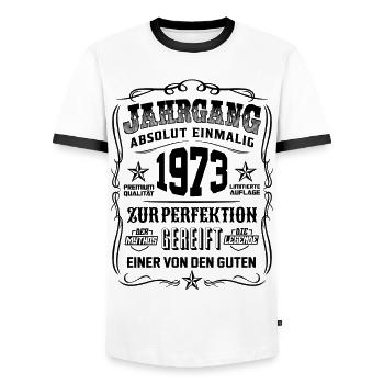 Jahrgang 1973 Geschenk 46. Geburtstag 46 jahre - Männer Kontrast-T-Shirt - Weiß/Schwarz - Vorne - AI Model Female 172 light (172cm) & AI Model Male 178 dark (178cm)