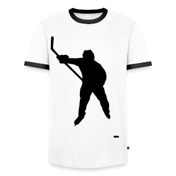 Ice hockey player with puck - Men's Ringer Shirt - white/black - Front - AI Model Female 172 light (172cm) & AI Model Male 178 dark (178cm)