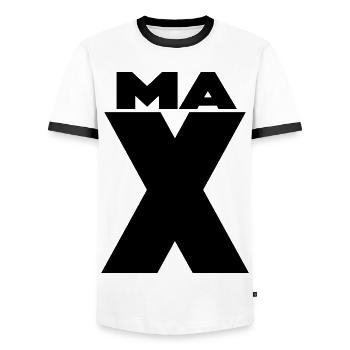 Max X – Minimal Name Design - Männer Kontrast-T-Shirt - Weiß/Schwarz - Vorne - AI Model Female 172 light (172cm) & AI Model Male 178 dark (178cm)
