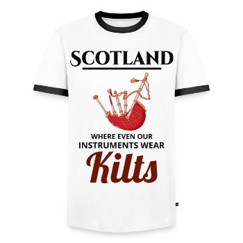 Dudelsackspieler Instrument Schottisch Schottland Musik - Männer Kontrast-T-Shirt - Weiß/Schwarz - Vorne - AI Model Female 172 light (172cm) & AI Model Male 178 dark (178cm)