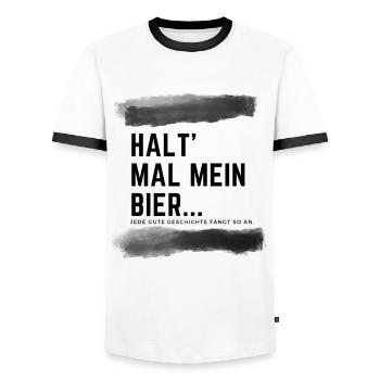 Story: Halt mal mein Bier - Männer Kontrast-T-Shirt - Weiß/Schwarz - Vorne - AI Model Female 172 light (172cm) & AI Model Male 178 dark (178cm)