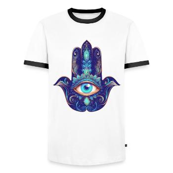 Hamsa Hand, Allsehendes Auge, Nazar, Schutzsymbol - Männer Kontrast-T-Shirt - Weiß/Schwarz - Vorne - AI Model Female 172 light (172cm) & AI Model Male 178 dark (178cm)