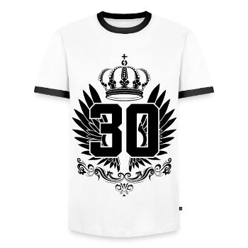 30TH BIRTHDAY FINALLY 30 YEARS - Men's Ringer Shirt - white/black - Front - AI Model Female 172 light (172cm) & AI Model Male 178 dark (178cm)