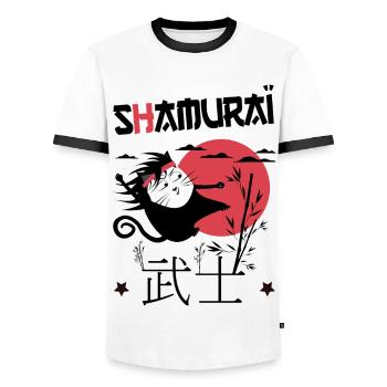 Shamuraï Cat Fighter, Drôle de Chat Noir Samuraï - T-shirt contrasté Homme - blanc/noir - Devant - AI Model Female 172 light (172cm) & AI Model Male 178 dark (178cm)