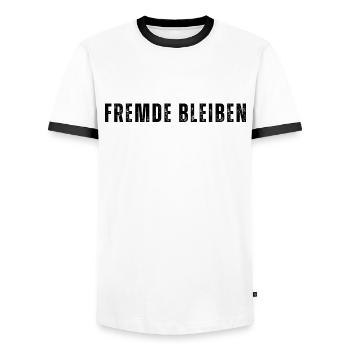 Lass uns Fremde bleiben. Lustiger Spruch. Nerd - Männer Kontrast-T-Shirt - Weiß/Schwarz - Vorne - AI Model Female 172 light (172cm) & AI Model Male 178 dark (178cm)