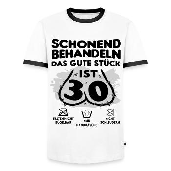 Geburtstag 30 Schonend behandeln Das Stück ist 30 - Männer Kontrast-T-Shirt - Weiß/Schwarz - Vorne - AI Model Female 172 light (172cm) & AI Model Male 178 dark (178cm)