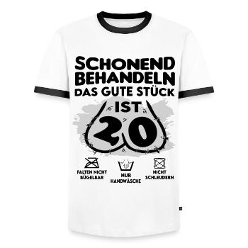 Geburtstag 20 Schonend behandeln Das Stück ist 20 - Männer Kontrast-T-Shirt - Weiß/Schwarz - Vorne - AI Model Female 172 light (172cm) & AI Model Male 178 dark (178cm)