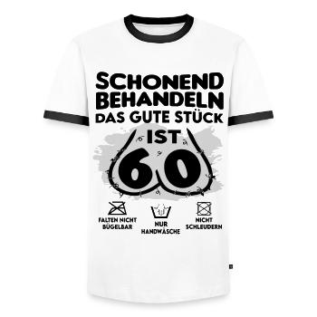 Geburtstag 60 Schonend behandeln Das Stück ist 60 - Männer Kontrast-T-Shirt - Weiß/Schwarz - Vorne - AI Model Female 172 light (172cm) & AI Model Male 178 dark (178cm)