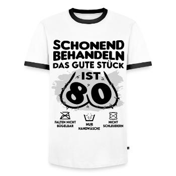 Geburtstag 80 Schonend behandeln Das Stück ist 80 - Männer Kontrast-T-Shirt - Weiß/Schwarz - Vorne - AI Model Female 172 light (172cm) & AI Model Male 178 dark (178cm)