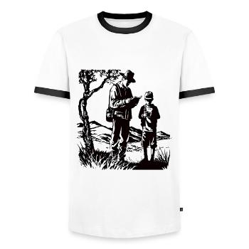 Geocache adventures for father and son - Men's Ringer Shirt - white/black - Front - AI Model Female 172 light (172cm) & AI Model Male 178 dark (178cm)