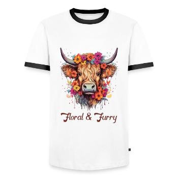 Floral & Furry Highland Cow - Männer Kontrast-T-Shirt - Weiß/Schwarz - Vorne - AI Model Female 172 light (172cm) & AI Model Male 178 dark (178cm)