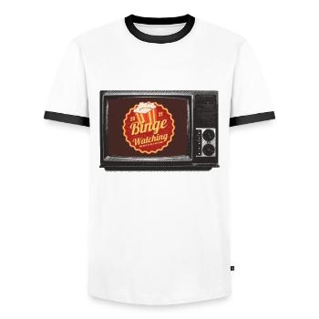 Binge-watching -- working for Wi-fi and snacks - Men's Ringer Shirt - white/black - Front - AI Model Female 172 light (172cm) & AI Model Male 178 dark (178cm)