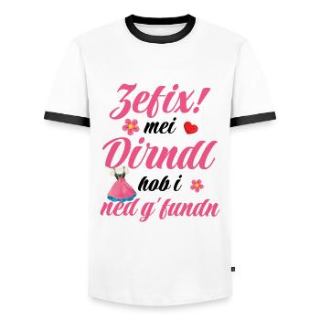 Dirndl | Mei Dirndl hob i ned g'fundn - Männer Kontrast-T-Shirt - Weiß/Schwarz - Vorne - AI Model Female 172 light (172cm) & AI Model Male 178 dark (178cm)