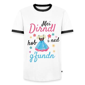 Dirndl | Mei Dirndl hob i ned g'fundn - Männer Kontrast-T-Shirt - Weiß/Schwarz - Vorne - AI Model Female 172 light (172cm) & AI Model Male 178 dark (178cm)