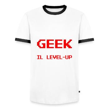 Papa Geek - Men's Ringer Shirt - white/black - Front - AI Model Female 172 light (172cm) & AI Model Male 178 dark (178cm)