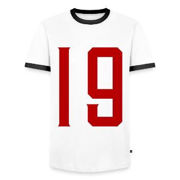 19 Zahl symbol - Männer Kontrast-T-Shirt - Weiß/Schwarz - Vorne - AI Model Female 172 light (172cm) & AI Model Male 178 dark (178cm)