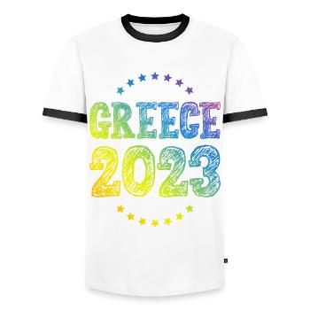 Grèce 2023 - T-shirt contrasté Homme - blanc/noir - Devant - AI Model Female 172 light (172cm) & AI Model Male 178 dark (178cm)