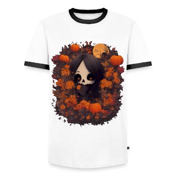 Gruseliges Mädchen Halloween - Männer Kontrast-T-Shirt - Weiß/Schwarz - Vorne - AI Model Female 172 light (172cm) & AI Model Male 178 dark (178cm)