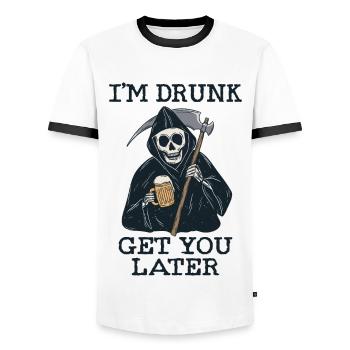 Lustiger betrunkener Sensenmann Skelett holt dich - Männer Kontrast-T-Shirt - Weiß/Schwarz - Vorne - AI Model Female 172 light (172cm) & AI Model Male 178 dark (178cm)
