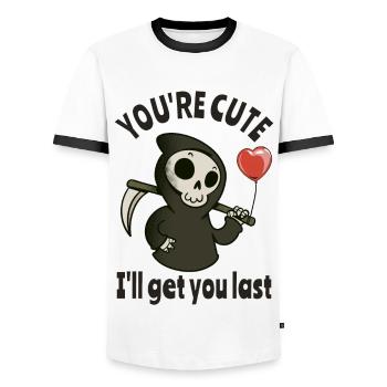 Cute Grim Reaper with romantic heart - Men's Ringer Shirt - white/black - Front - AI Model Female 172 light (172cm) & AI Model Male 178 dark (178cm)