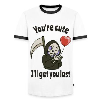 Cute Grim Reaper with romantic heart - Men's Ringer Shirt - white/black - Front - AI Model Female 172 light (172cm) & AI Model Male 178 dark (178cm)
