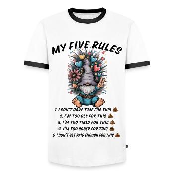 5 rules of a funny gnome - Men's Ringer Shirt - white/black - Front - AI Model Female 172 light (172cm) & AI Model Male 178 dark (178cm)