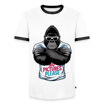 No pictures please - Men's Ringer Shirt - white/black - Front - AI Model Female 172 light (172cm) & AI Model Male 178 dark (178cm)