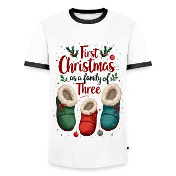 Premier Noël en famille à trois - T-shirt contrasté Homme - blanc/noir - Devant - AI Model Female 172 light (172cm) & AI Model Male 178 dark (178cm)
