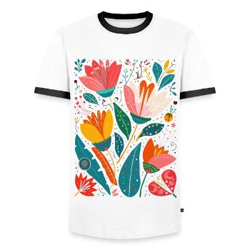 Motif floral Otomi Art culturel - T-shirt contrasté Homme - blanc/noir - Devant - AI Model Female 172 light (172cm) & AI Model Male 178 dark (178cm)