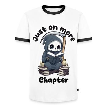 Cute Grim Reaper, Just One More Chapter Halloween - Men's Ringer Shirt - white/black - Front - AI Model Female 172 light (172cm) & AI Model Male 178 dark (178cm)
