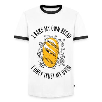 Je fais mon pain - je ne fais confiance qu’à mon four - T-shirt contrasté Homme - blanc/noir - Devant - AI Model Female 172 light (172cm) & AI Model Male 178 dark (178cm)