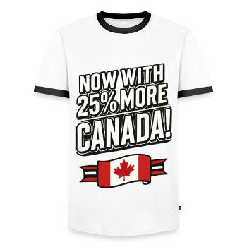 Maintenant avec 25 % plus de Canada – Satire des tarifs commerciaux - T-shirt contrasté Homme - blanc/noir - Devant - AI Model Female 172 light (172cm) & AI Model Male 178 dark (178cm)