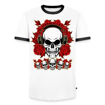 Human Skull listening to da Music on headphones - Men's Ringer Shirt - white/black - Front - AI Model Female 172 light (172cm) & AI Model Male 178 dark (178cm)