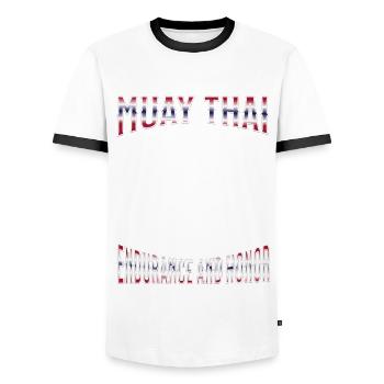 Muay Thai Boxing Muay Thai - Men's Ringer Shirt - white/black - Front - AI Model Female 172 light (172cm) & AI Model Male 178 dark (178cm)