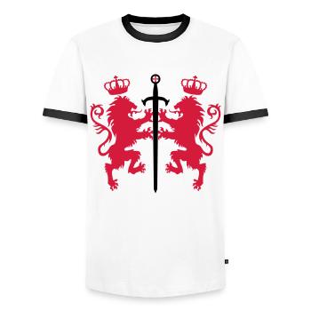 2 Loewen + sword crown heraldic animals 2c - Men's Ringer Shirt - white/black - Front - AI Model Female 172 light (172cm) & AI Model Male 178 dark (178cm)