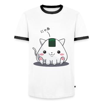 Onigiri - Katze nya - Männer Kontrast-T-Shirt - Weiß/Schwarz - Vorne - AI Model Female 172 light (172cm) & AI Model Male 178 dark (178cm)