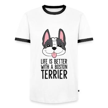 Das Leben ist besser mit einem Boston Terrier Hund - Männer Kontrast-T-Shirt - Weiß/Schwarz - Vorne - AI Model Female 172 light (172cm) & AI Model Male 178 dark (178cm)