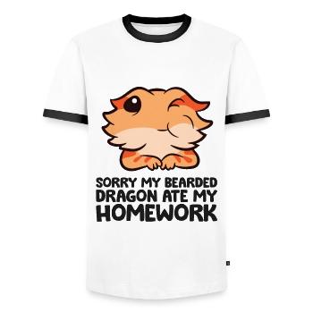 Désolé mon dragon barbu a mangé mes devoirs - T-shirt contrasté Homme - blanc/noir - Devant - AI Model Female 172 light (172cm) & AI Model Male 178 dark (178cm)