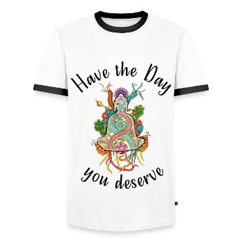 Have the Day you deserve! Buddha meditating - Men's Ringer Shirt - white/black - Front - AI Model Female 172 light (172cm) & AI Model Male 178 dark (178cm)