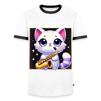 Conception de dessin animé de chat de saxophone mignon - T-shirt contrasté Homme - blanc/noir - Devant - AI Model Female 172 light (172cm) & AI Model Male 178 dark (178cm)