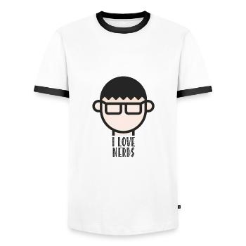 I love nerds / freaks, computer scientists, IT people - Men's Ringer Shirt - white/black - Front - AI Model Female 172 light (172cm) & AI Model Male 178 dark (178cm)
