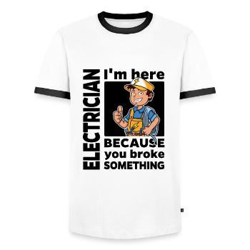 Electrician - I'm here because you ... - Men's Ringer Shirt - white/black - Front - AI Model Female 172 light (172cm) & AI Model Male 178 dark (178cm)