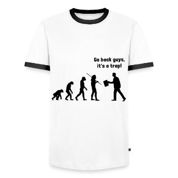 Evolution - go back, it's a - Men's Ringer Shirt - white/black - Front - AI Model Female 172 light (172cm) & AI Model Male 178 dark (178cm)
