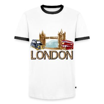 London England Tower Bridge Taxi Bus - Männer Kontrast-T-Shirt - Weiß/Schwarz - Vorne - AI Model Female 172 light (172cm) & AI Model Male 178 dark (178cm)