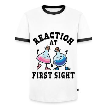 Chemical reaction at first sight - Men's Ringer Shirt - white/black - Front - AI Model Female 172 light (172cm) & AI Model Male 178 dark (178cm)